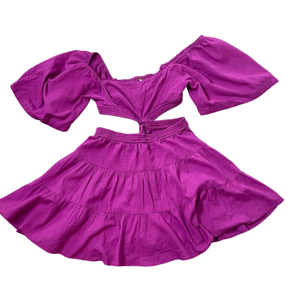 Free People Magenta Purple Cutout Puff Sleeve Tiered Mini Dress Womens Medium